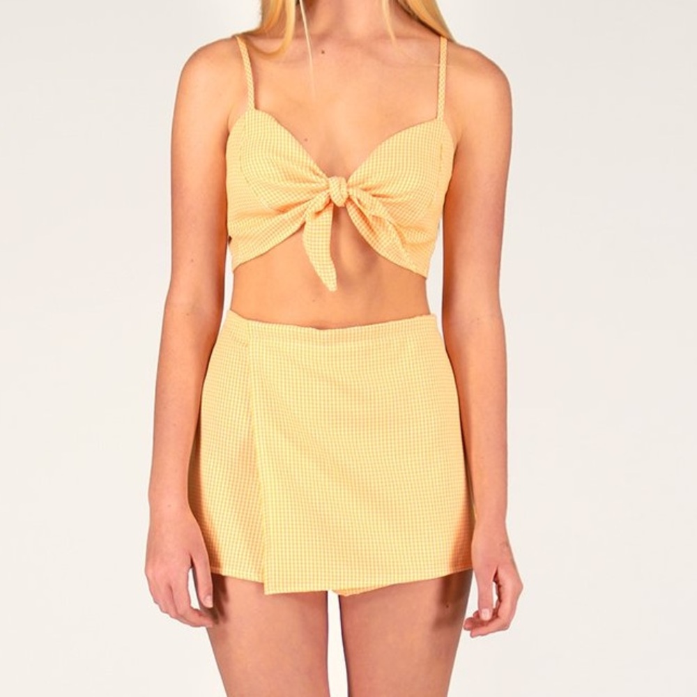 Yellow gingham plaid two piece set